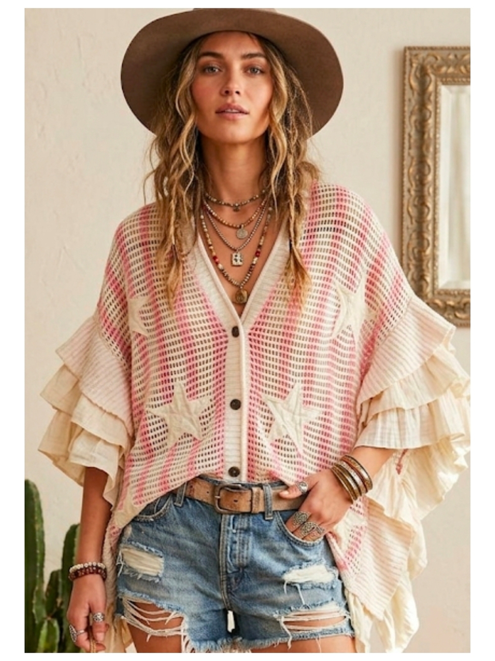 Boho Open Knit Star Button Down Ruffle Cardigan - Pink & Cream